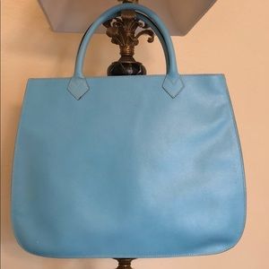 Serapian Blue Leather Bag with Green Suede